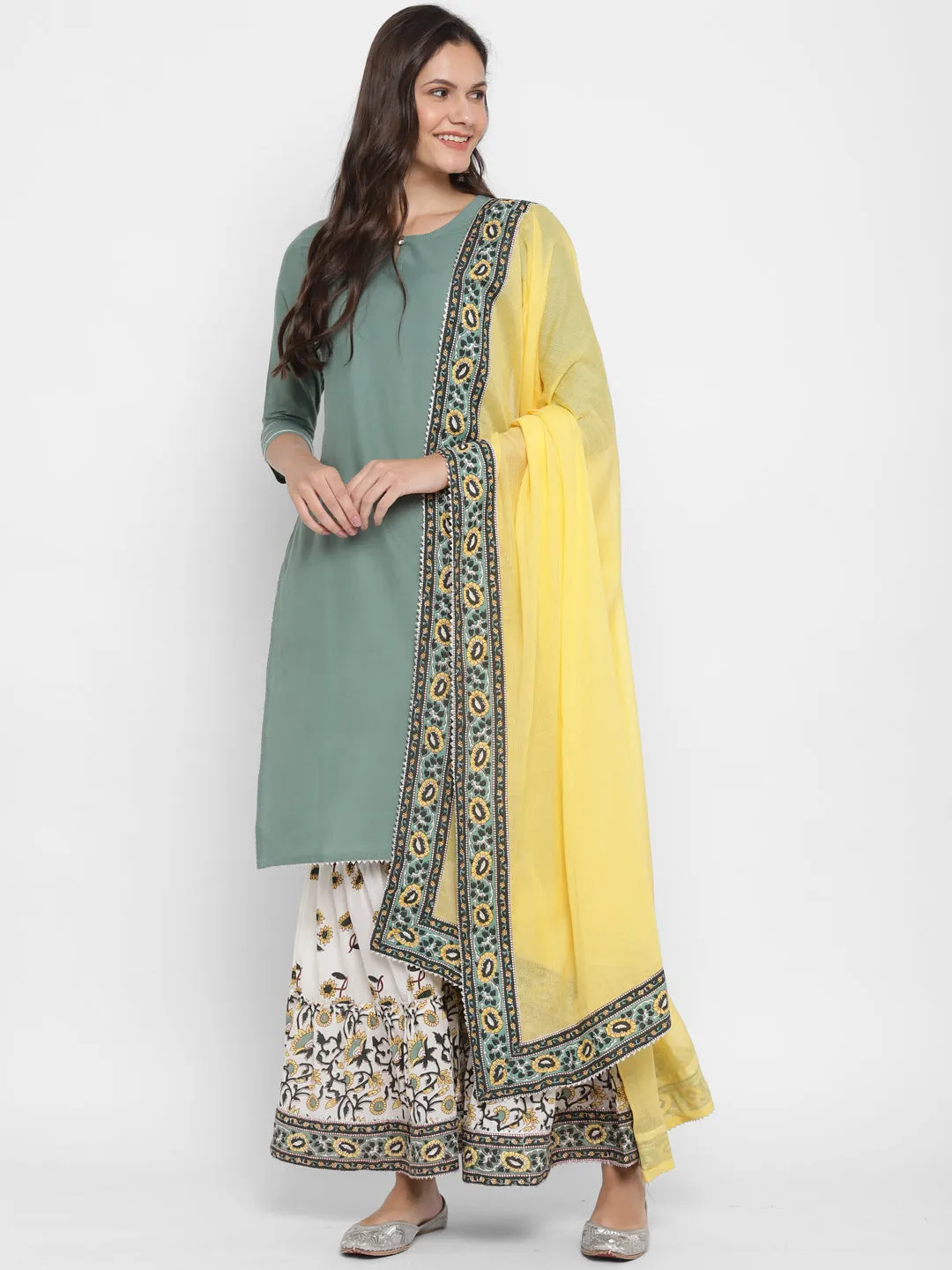 Women'S Solid, Sequence & Gotta Patti Straight Cotton Olive Green Kurta Sharara With Dupatta