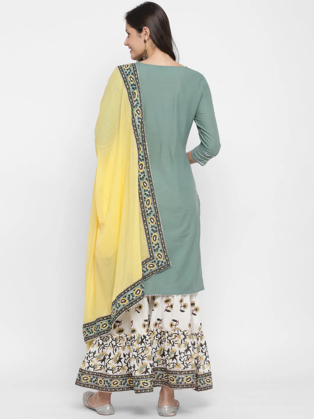 Women'S Solid, Sequence & Gotta Patti Straight Cotton Olive Green Kurta Sharara With Dupatta