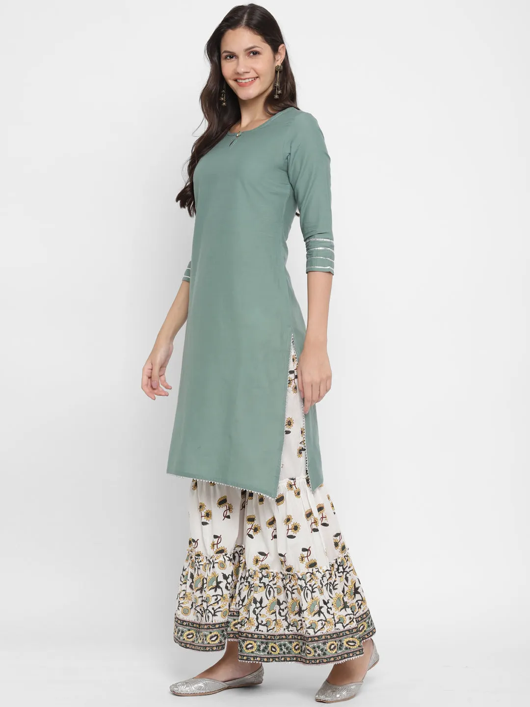 Women'S Solid, Sequence & Gotta Patti Straight Cotton Olive Green Kurta Sharara With Dupatta