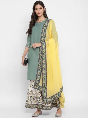 Women'S Solid, Sequence & Gotta Patti Straight Cotton Olive Green Kurta Sharara With Dupatta