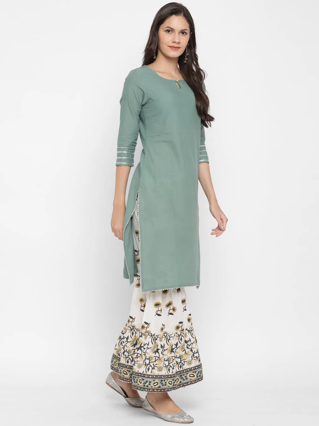 Women'S Solid, Sequence & Gotta Patti Straight Cotton Olive Green Kurta Sharara With Dupatta