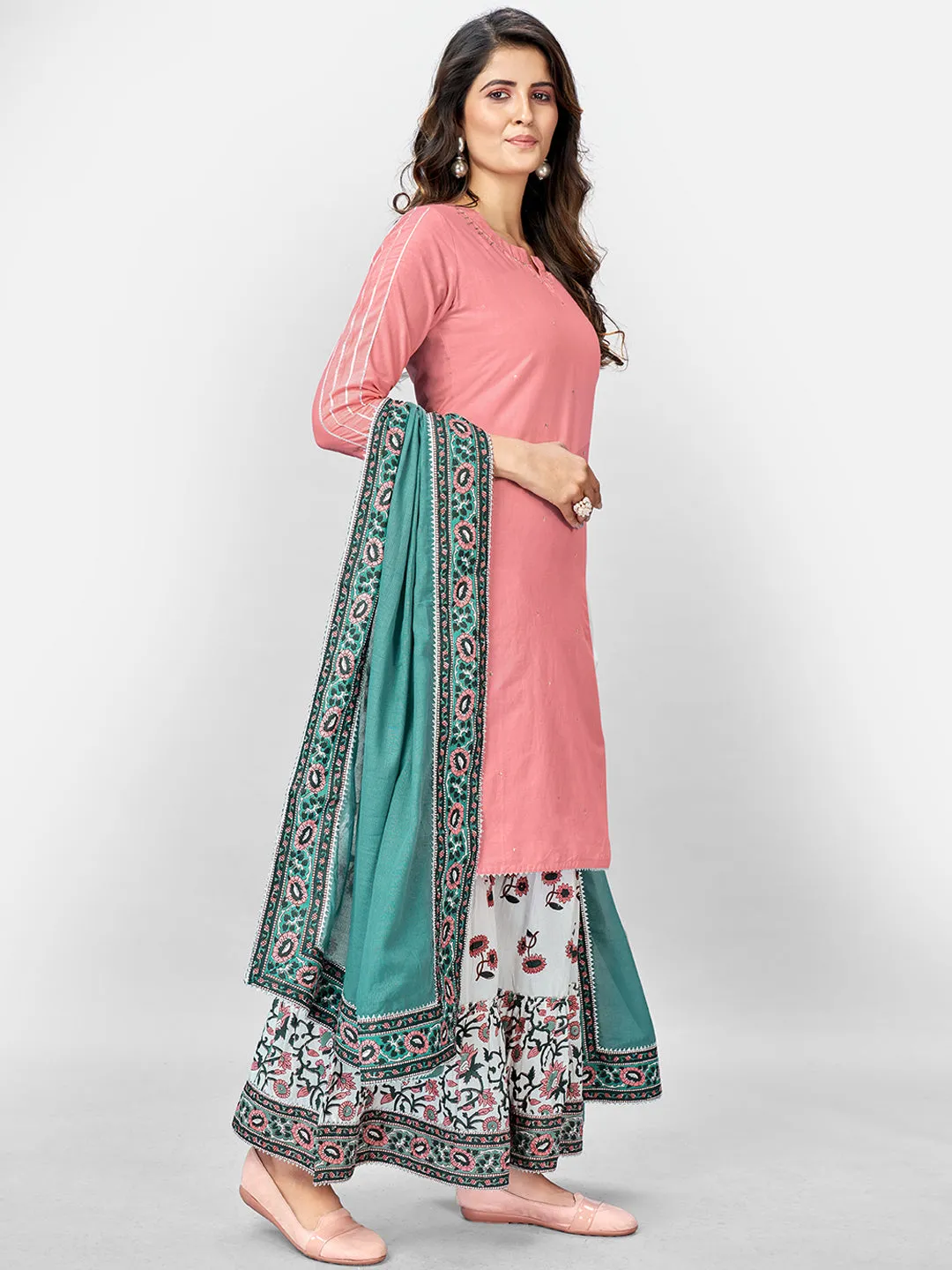 Women'S Solid, Sequence & Gotta Patti Straight Cotton Pink Kurta Sharara With Dupatta