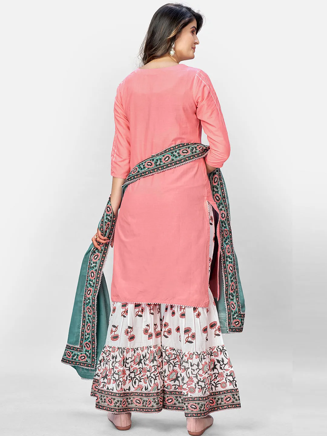 Women'S Solid, Sequence & Gotta Patti Straight Cotton Pink Kurta Sharara With Dupatta