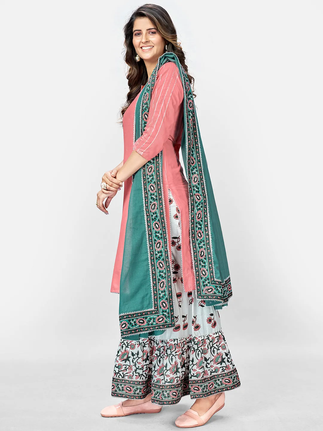 Women'S Solid, Sequence & Gotta Patti Straight Cotton Pink Kurta Sharara With Dupatta