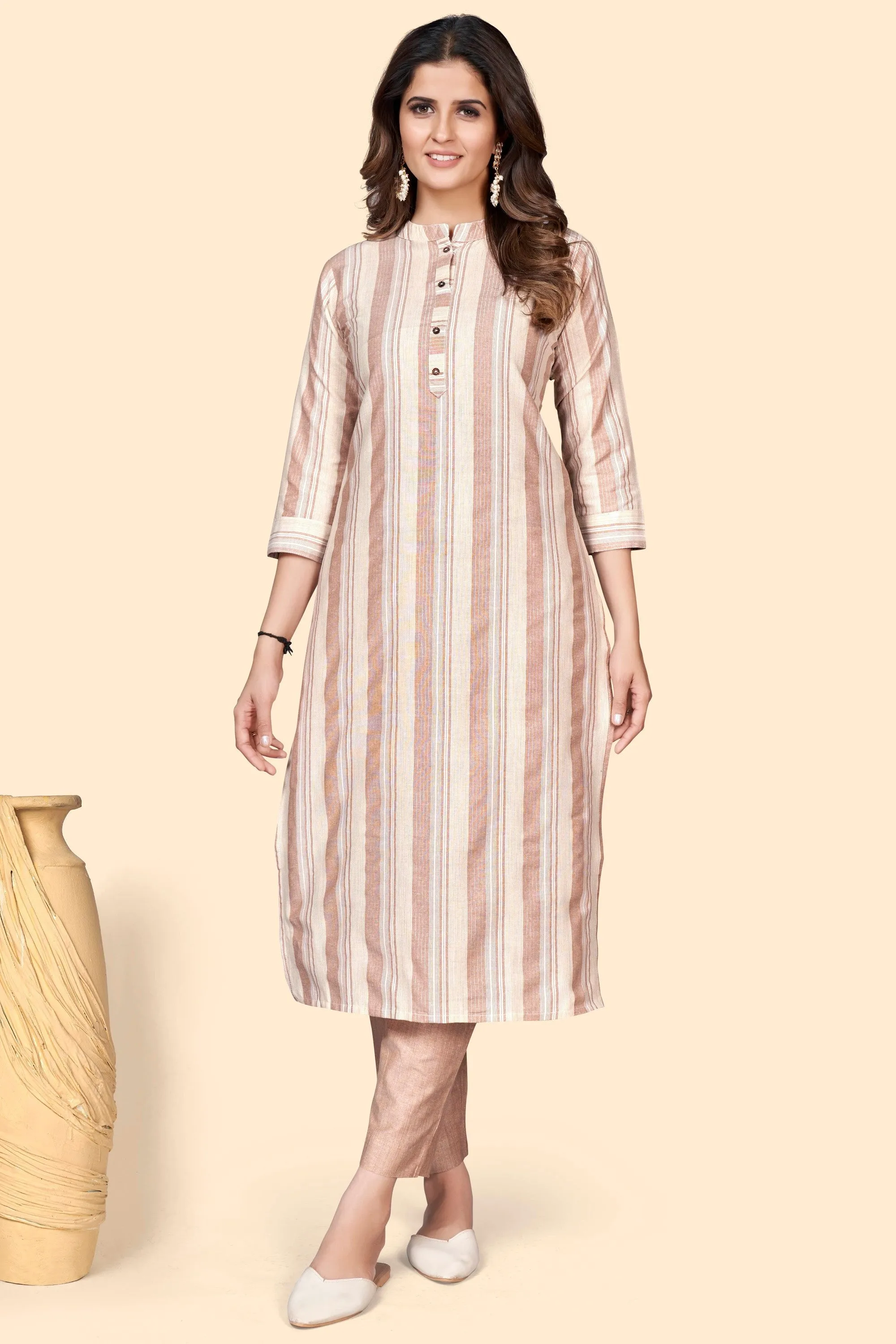 Women'S Striped Print Straight Cotton Blend Brown Stitched Kurta With Pant