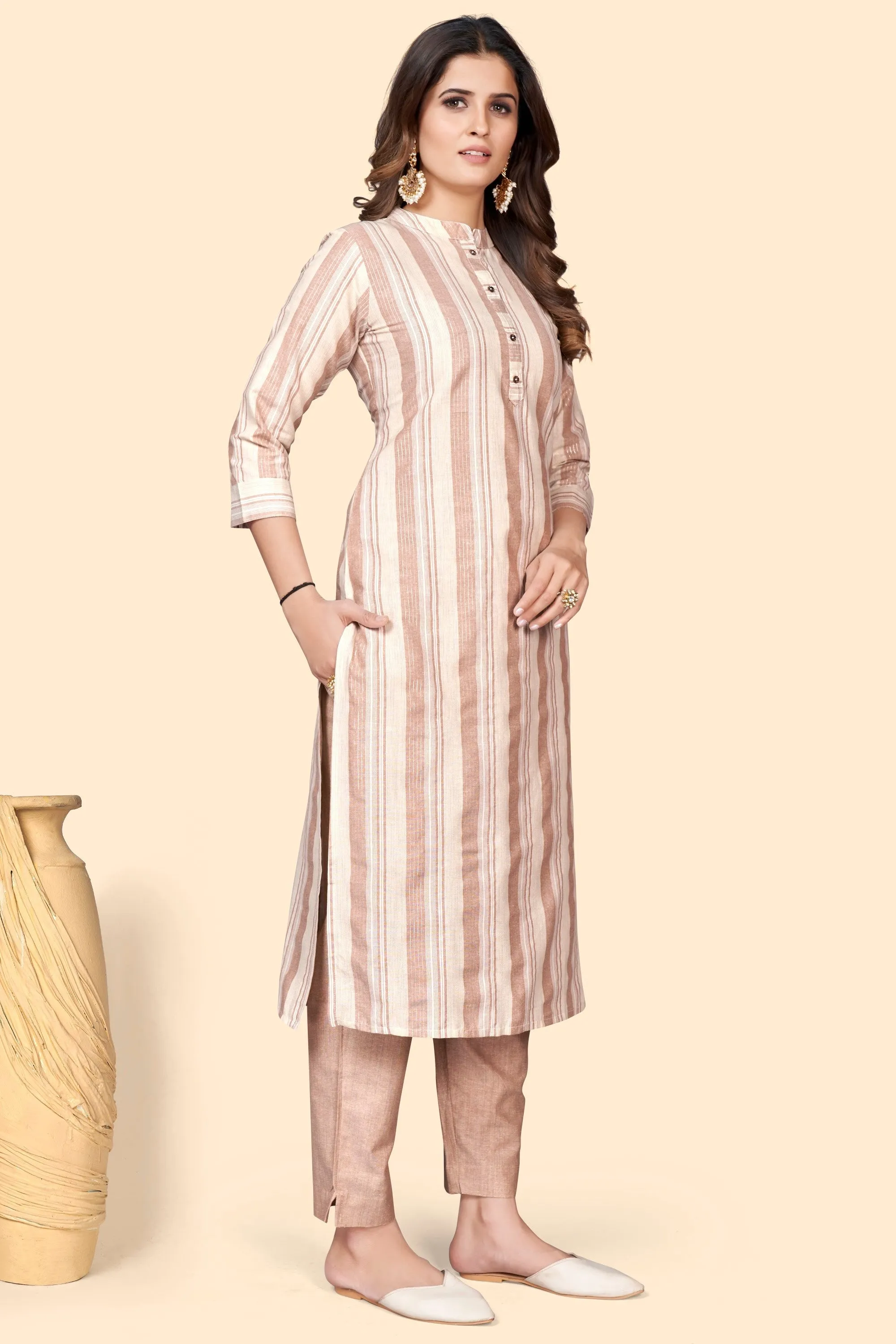 Women'S Striped Print Straight Cotton Blend Brown Stitched Kurta With Pant