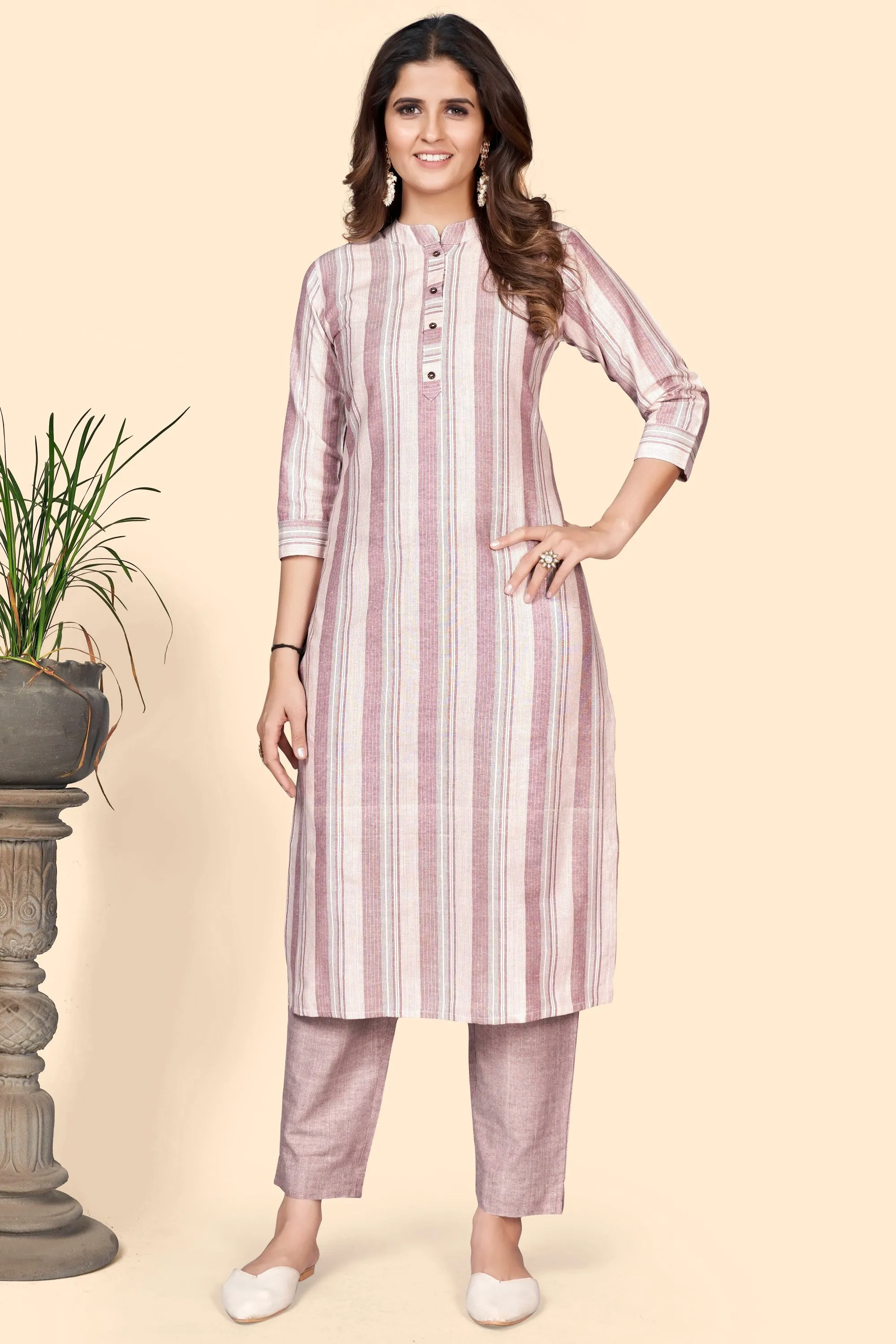 Women'S Striped Print Straight Cotton Blend Dusty Pink Stitched Kurta