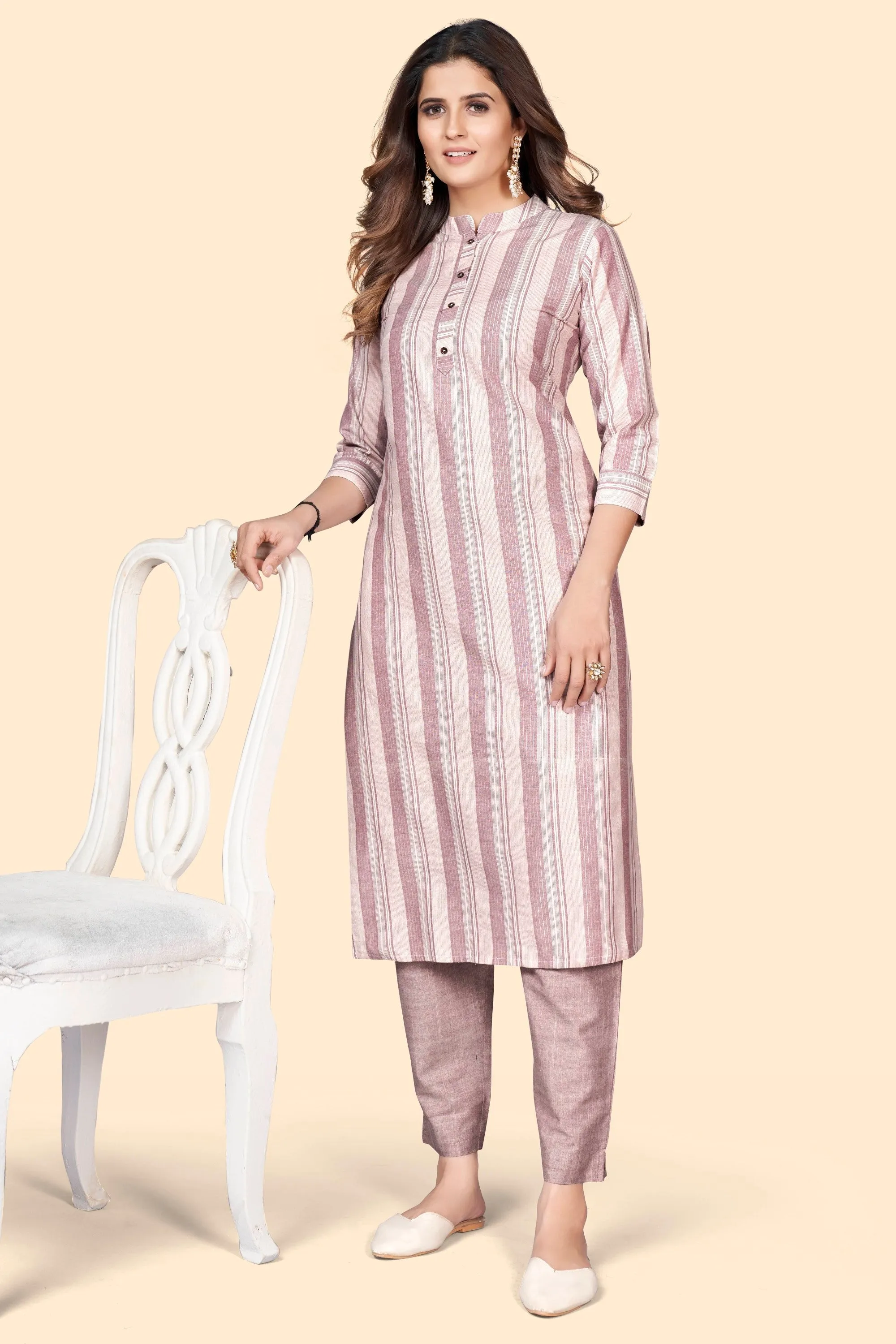 Women'S Striped Print Straight Cotton Blend Dusty Pink Stitched Kurta