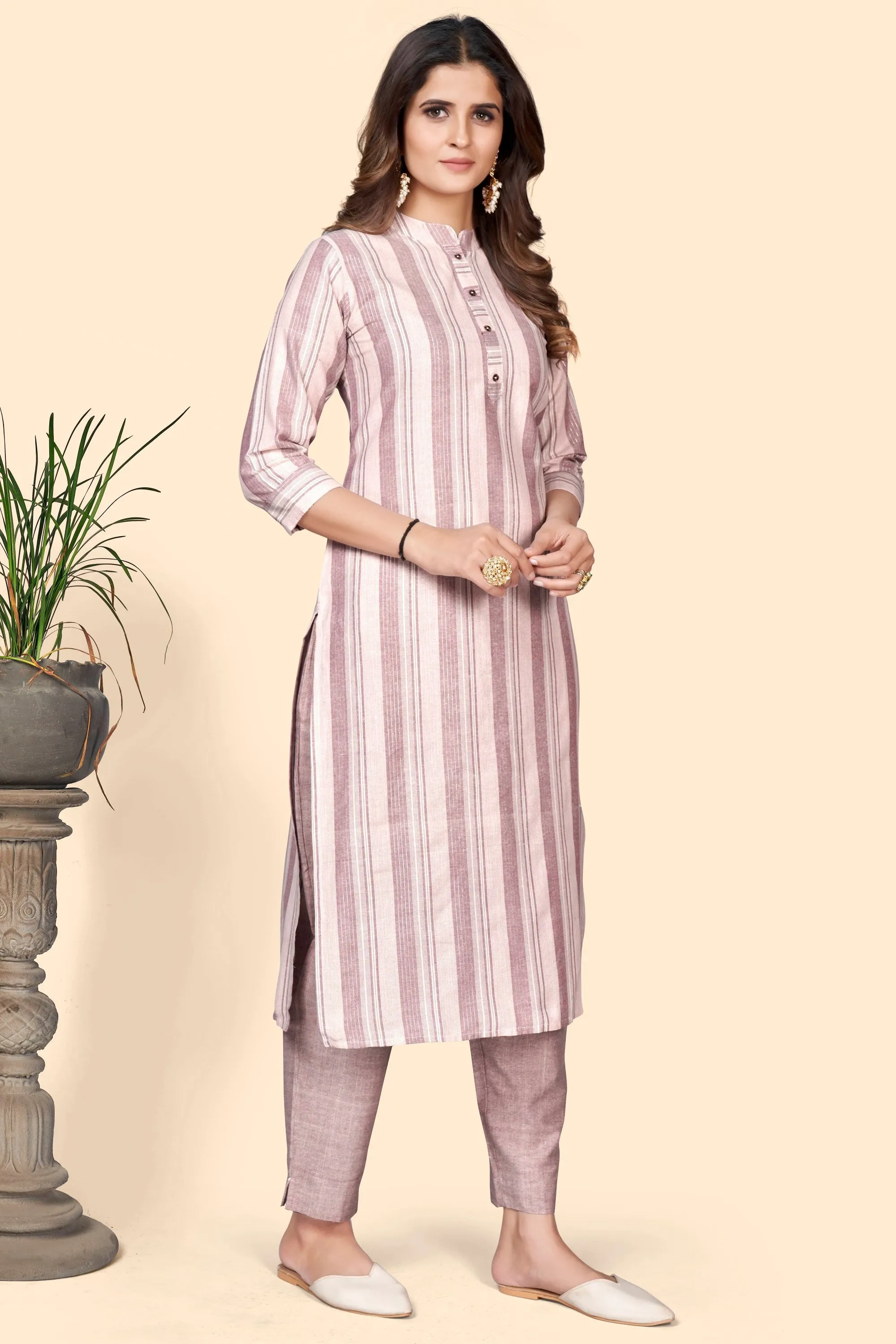 Women'S Striped Print Straight Cotton Blend Dusty Pink Stitched Kurta