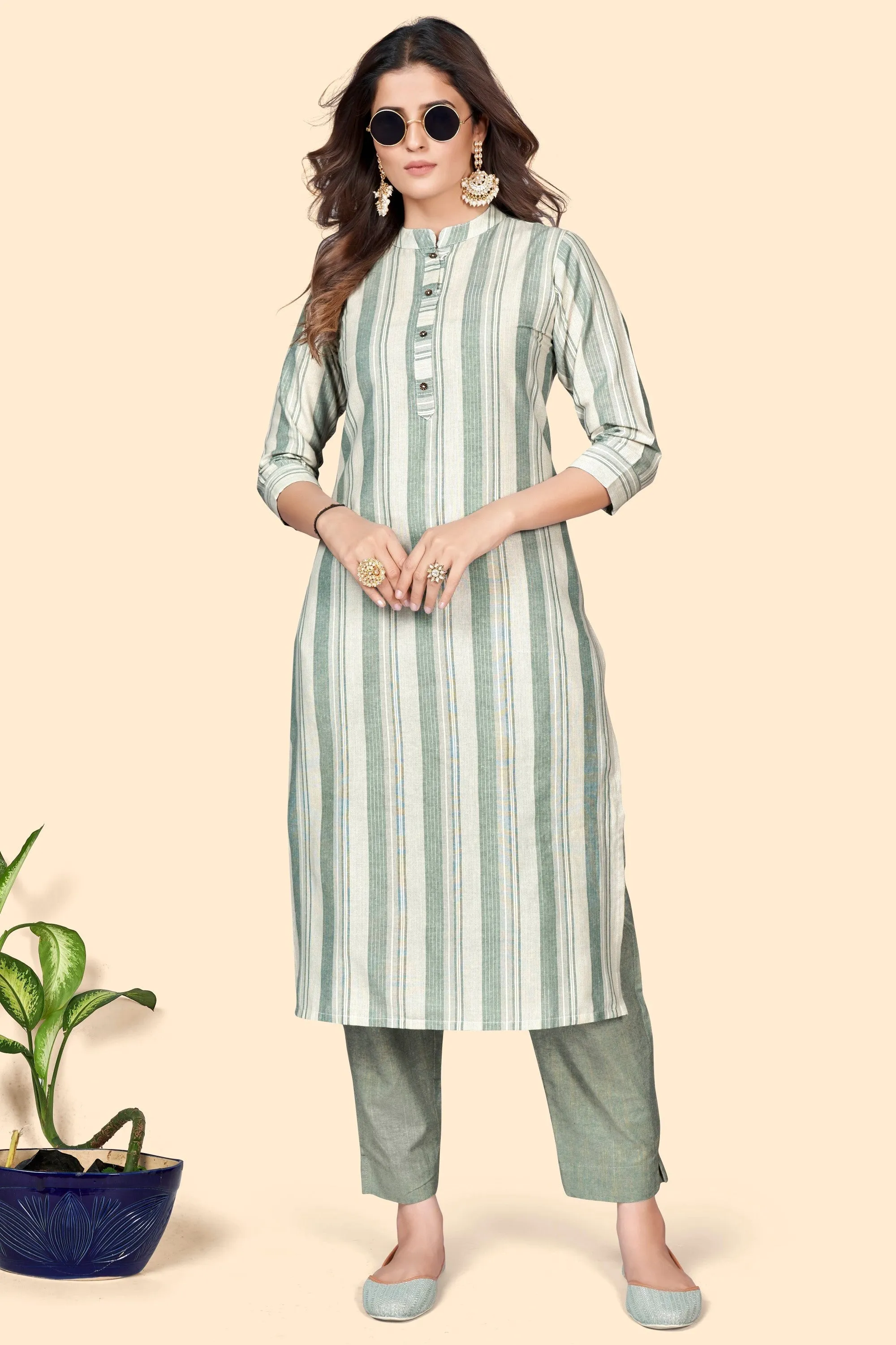 Women'S Striped Print Straight Cotton Blend Pista  Stitched Kurta