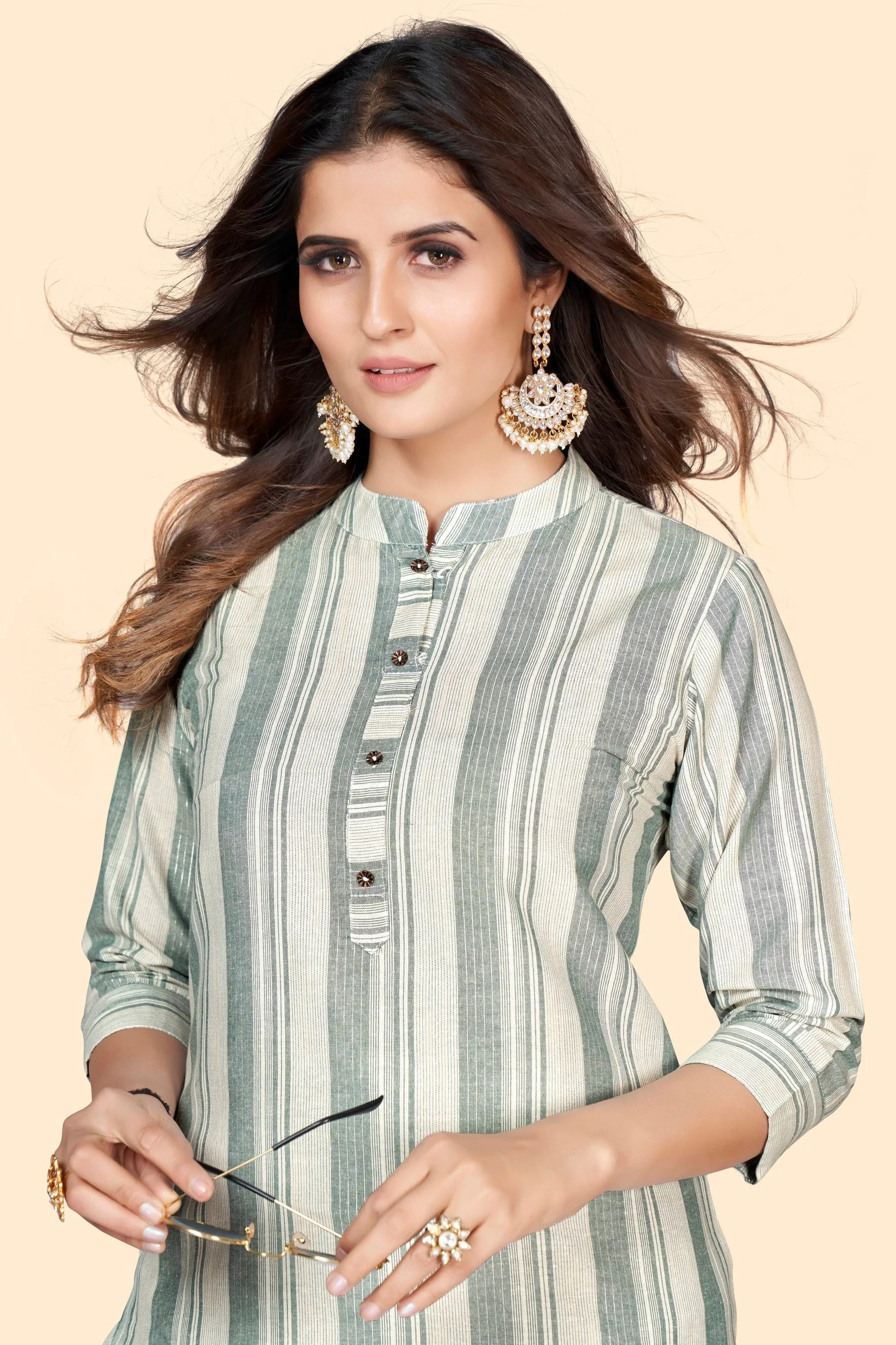 Women'S Striped Print Straight Cotton Blend Pista  Stitched Kurta