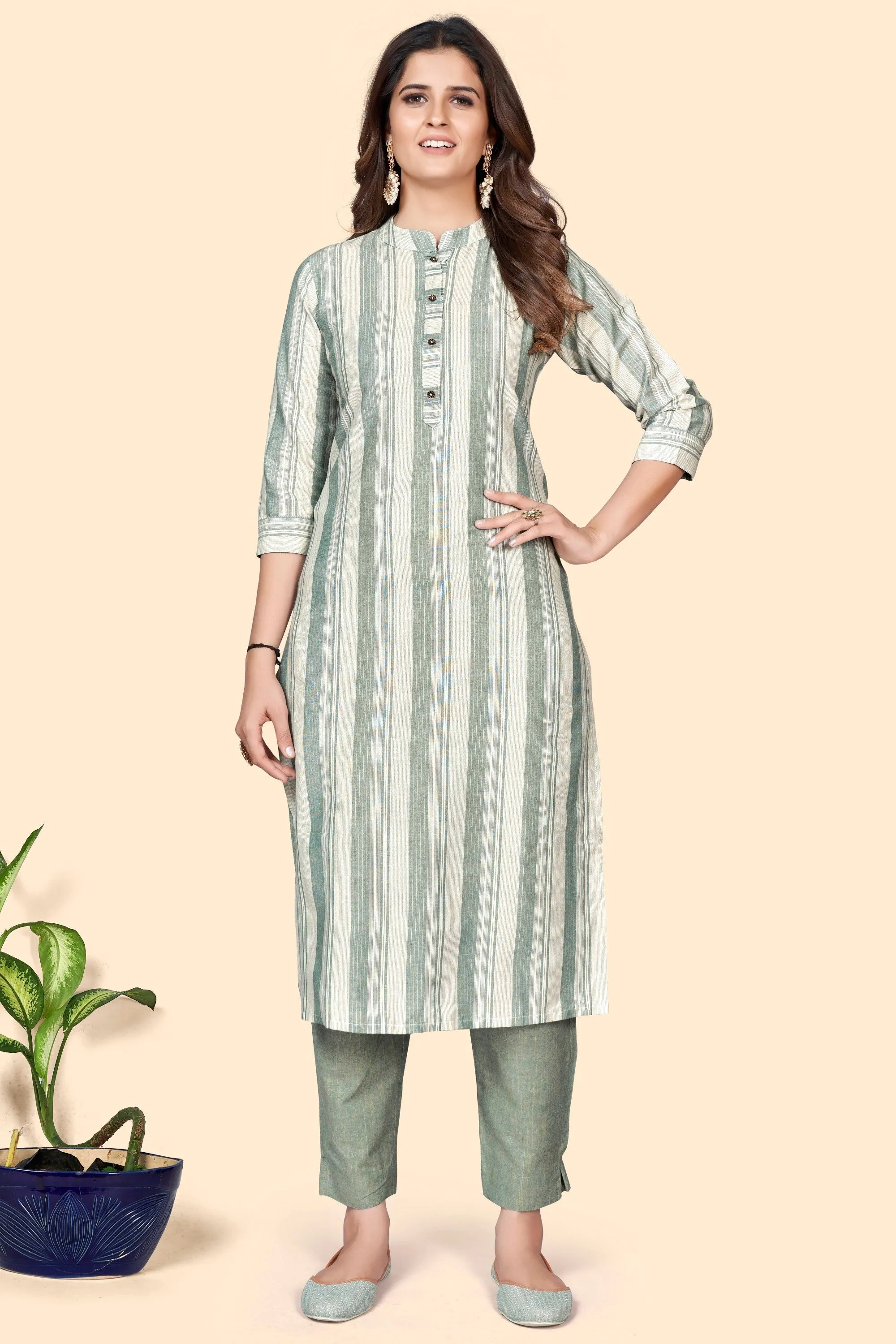 Women'S Striped Print Straight Cotton Blend Pista  Stitched Kurta