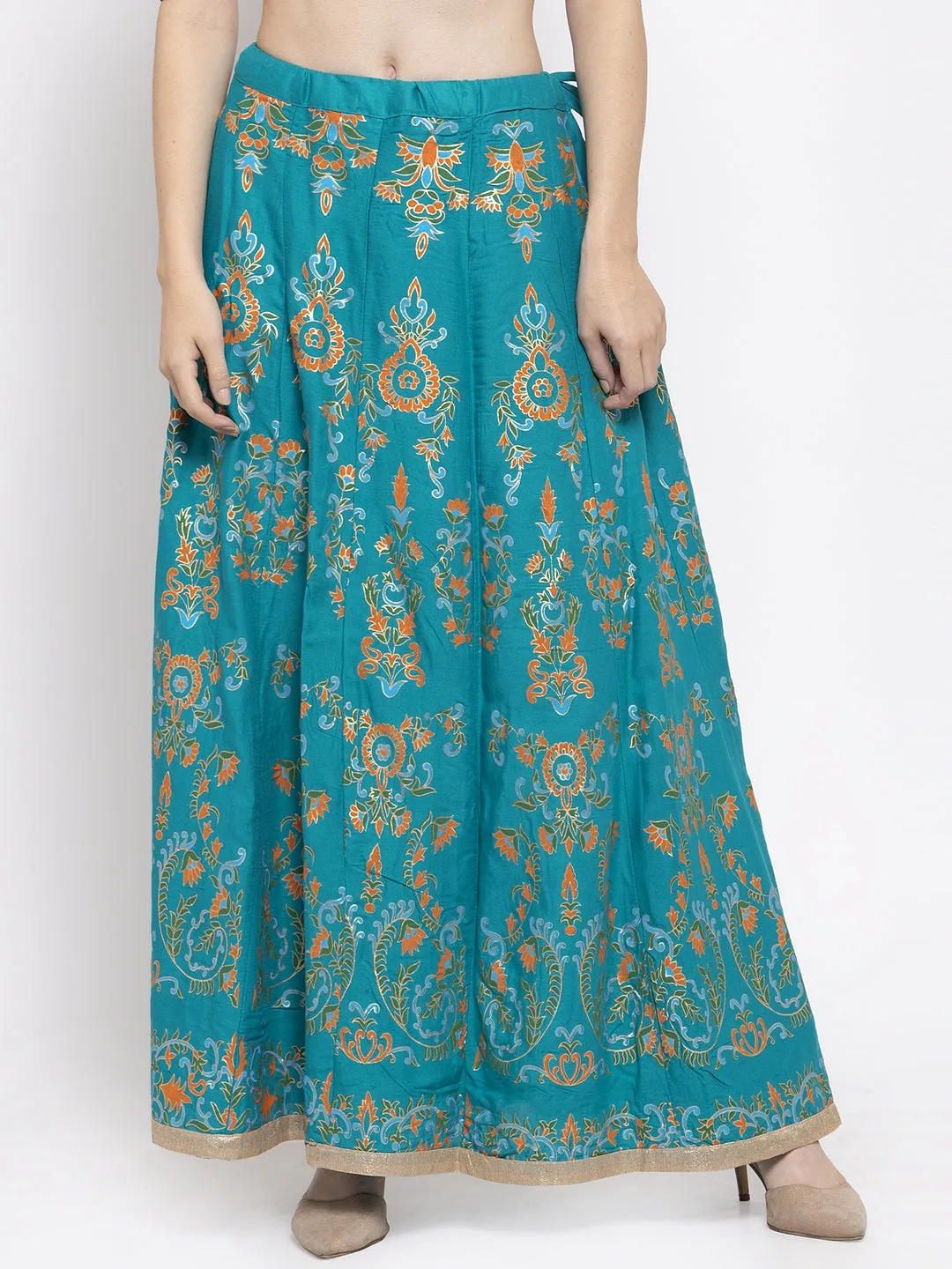 Women'S Turquoise Printed Flared Rayon Maxi Skirt